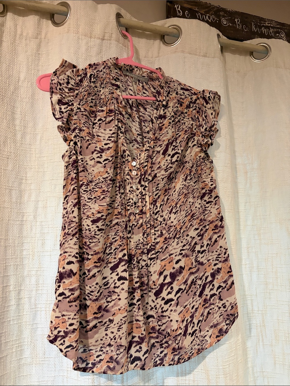Daniel Rainn Pink and Brown Printed Ruffle Sleeve Blouse